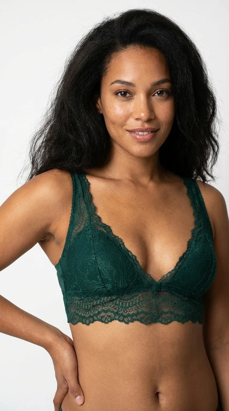 LunaIntim Zümrüt Yeşili Dantelli Bralet Sütyen Balensiz ve Desteksiz (Boş Kap) V Yaka Model - Arka Görünüm